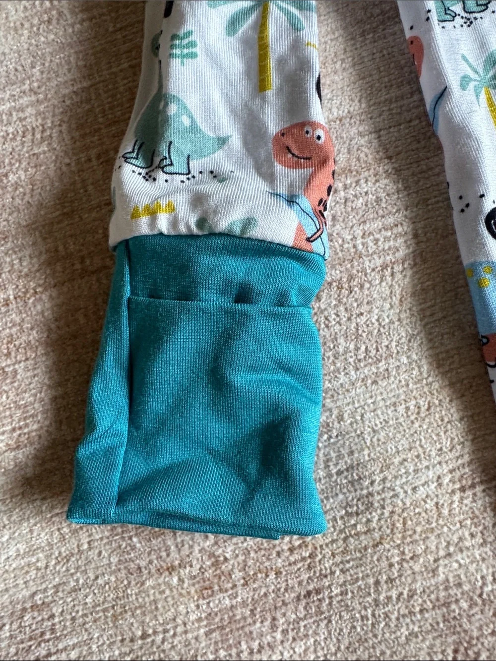 Little Peanut Baby One-Piece Zip Up Pajamas with Teal Trim and Dinosaur Print